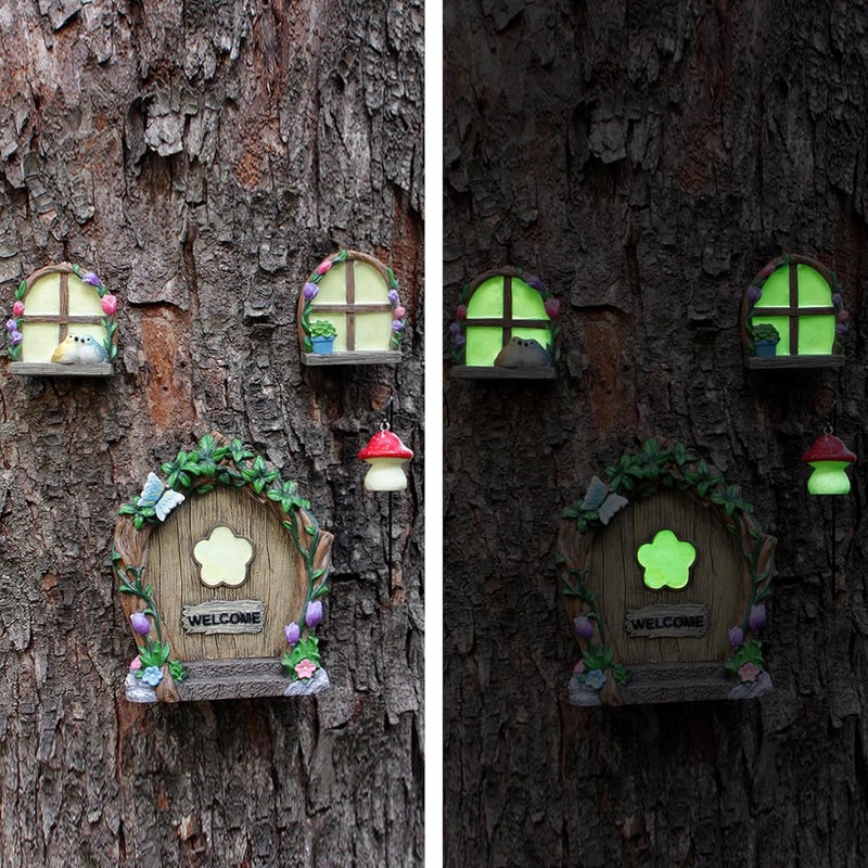 IMOFEE Fairy Door and Windows Garden Kit Accessories Outdoor, Glow in Dark Gnome House for Tree, Lawn Yard Art Sculpture, Miniature Garden Decor (Butterfly) - Image 5